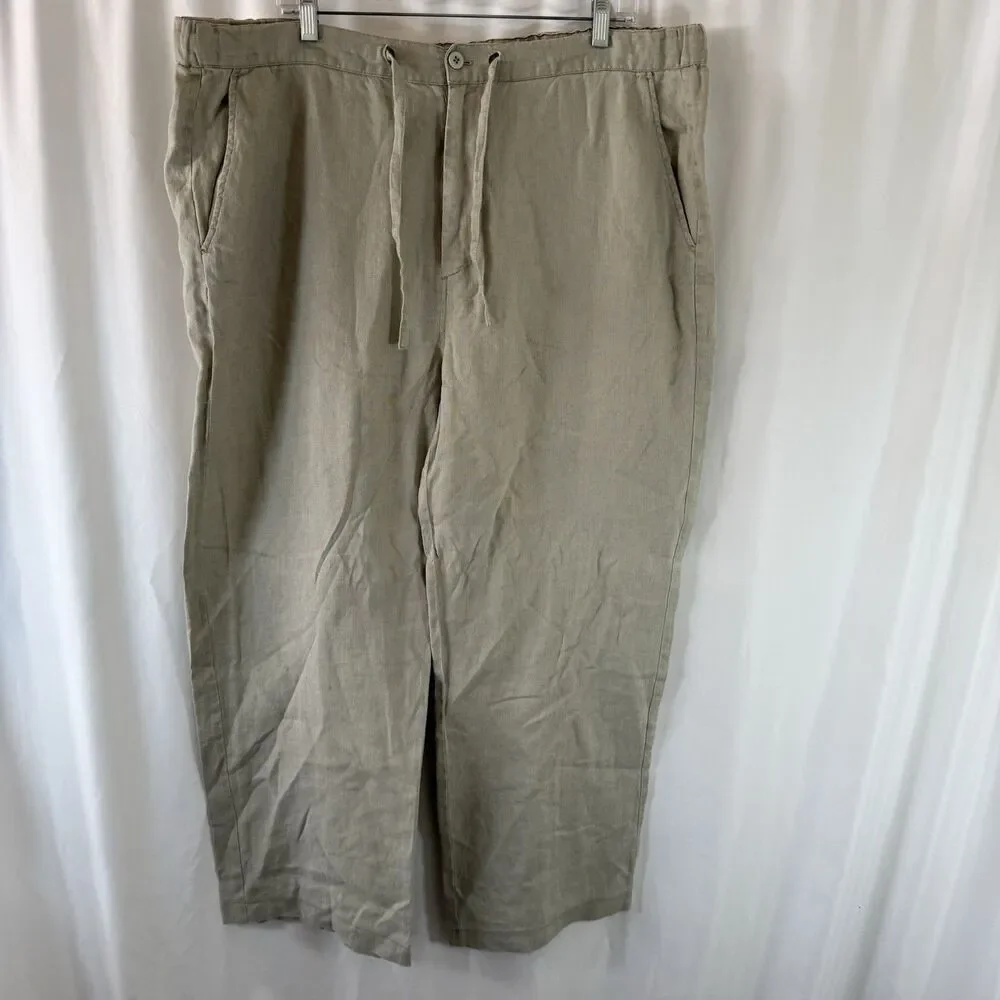 Island Republic 100% Linen Pants Men's 38x32 Beige Drawstring Flat Front